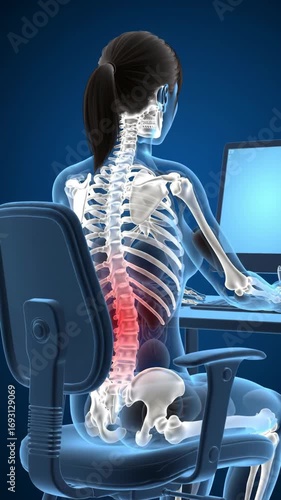 Woman's skeleton experiencing spinal discomfort at computer desk