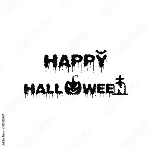 Happy Halloween Text with Pumpkin and Tombstone