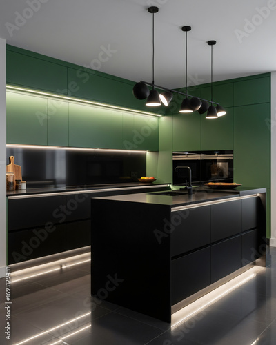 Sleek Forest Green and Black Kitchen with Glossy Floor and LED Lights