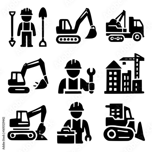 Construction icons featuring builders, tools, and heavy machinery