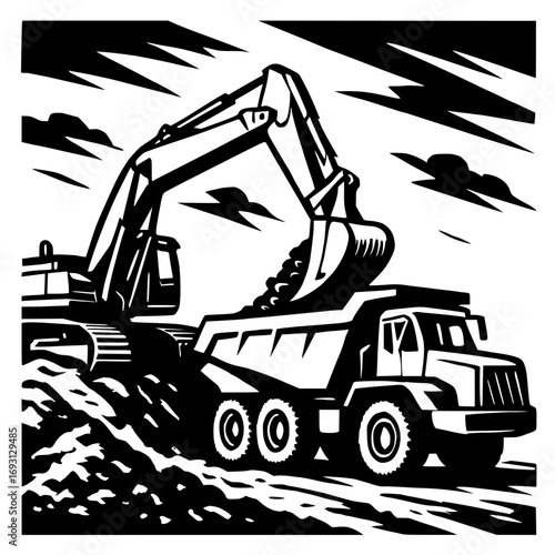 Excavator loading truck with construction materials, black and white