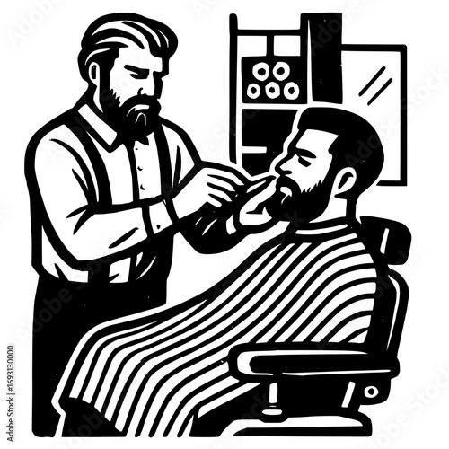 Barber grooming client's beard in vintage style shop