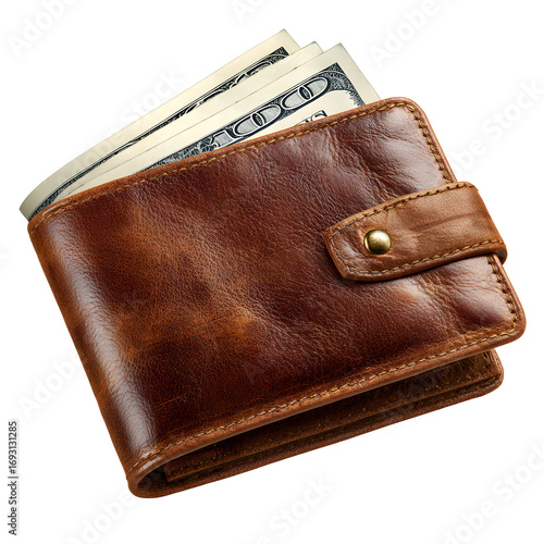 Luxury Leather Wallet with Cash Isolated on Transparent Background 