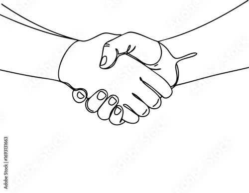 A simple line drawing depicts two hands shaking in a gesture of agreement, partnership, and trust.