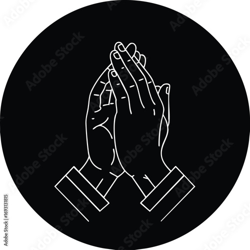 A simple, stylized illustration of two hands clasped together in prayer or supplication against a dark background.