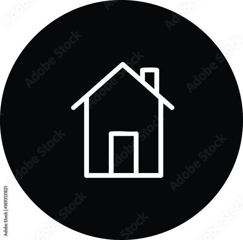 Simple white outline of a house with a chimney inside a solid black circle on a plain background.
