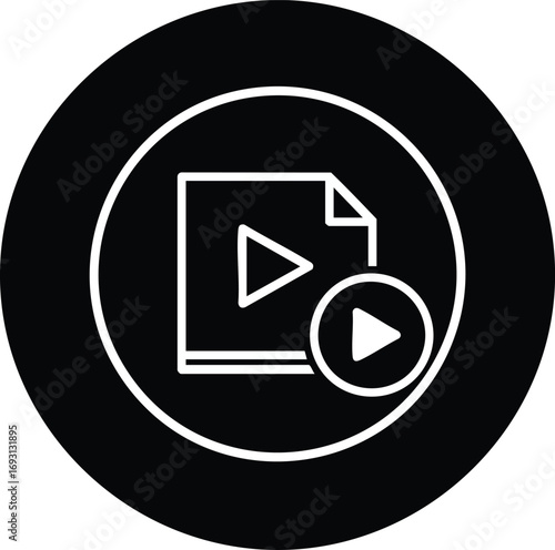 A minimalist black and white icon representing a video file or media content with a play button overlay.