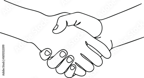 A clean, minimalist line art drawing captures two hands engaged in a firm handshake, representing a successful business deal, partnership, and mutual respect.