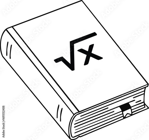 A clear line art illustration depicts a closed textbook with a prominent square root symbol, representing mathematical education, academic study, and knowledge.