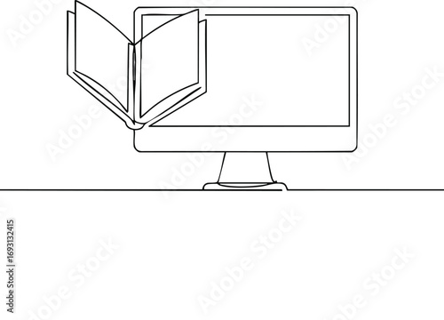 A stylish continuous line art illustration depicts an open book emerging from a computer monitor, symbolizing the modern integration of technology and accessible e-learning.