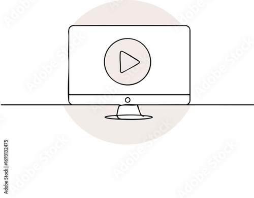 A minimalist line art illustration depicting a computer monitor displaying a prominent play button, symbolizing digital media playback and online video content.
