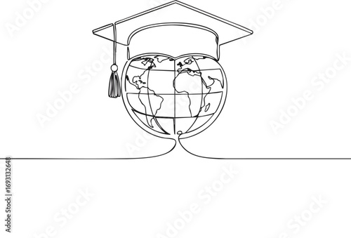 A minimalist continuous line drawing illustrates a graduation cap resting atop a heart-shaped globe, symbolizing global education and the pursuit of knowledge worldwide.