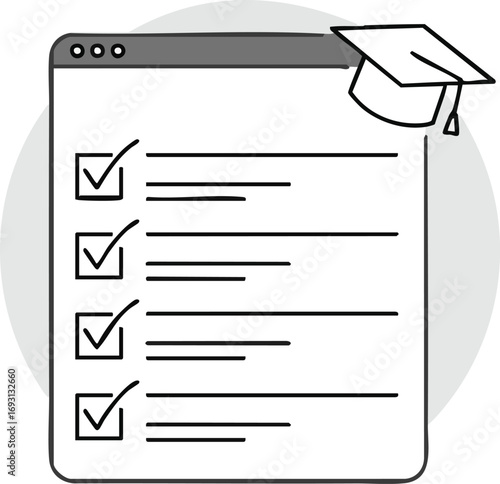 A sleek digital interface displaying a completed online checklist with checkmarks, accompanied by a graduation cap, illustrating successful academic endeavors and e-learning.