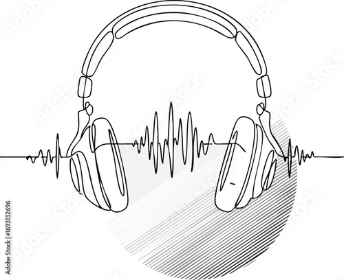 A minimalist continuous line drawing depicts modern over-ear headphones with an abstract sound wave, symbolizing audio technology and the joy of listening to music.