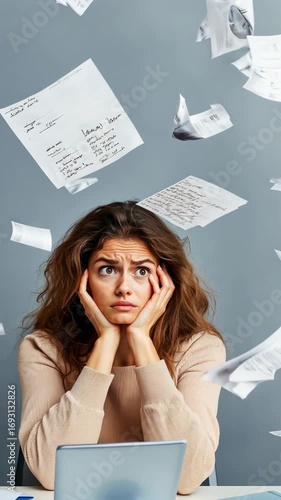 Confused woman amidst chaotic paper storm in office setting