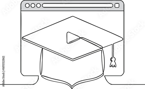 A minimalist continuous line drawing illustrates a graduation cap with a play button icon, symbolizing modern online education and virtual academic achievement.