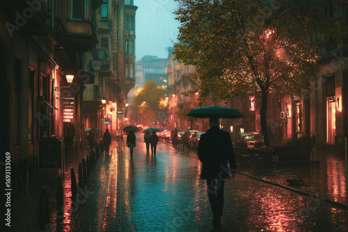 Rainy autumn city street with people under umbrellas and reflections in puddles
