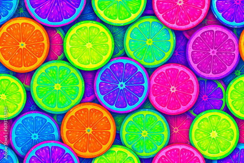 Colorful Vibrant Citrus Slices Pattern Pop Art Neon Digital Style Juicy Glossy Seamless Vector Design for T Shirt Prints