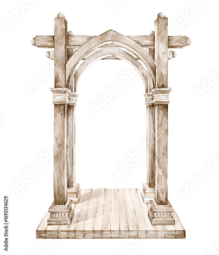 Watercolor wooden gothic arch
