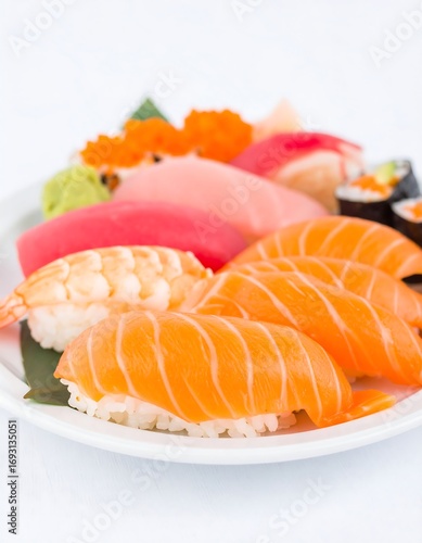 Plate of assorted sushi with salmon, tuna, shrimp, and rice