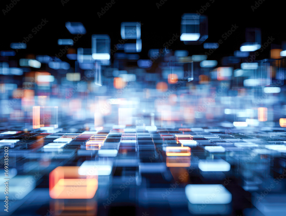 Fototapeta premium Abstract futuristic digital grid with glowing multicolored cubes representing data flow and advanced technology concepts in a high-tech environment
