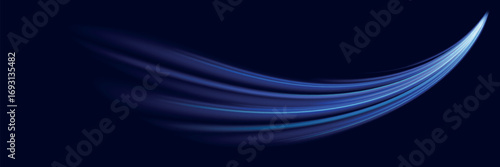 Blue wind waves effect. Abstract light motion trails with sparkles isolated on black background. Light blue Twirl. Curve light effect of blue line. Luminous blue circle.