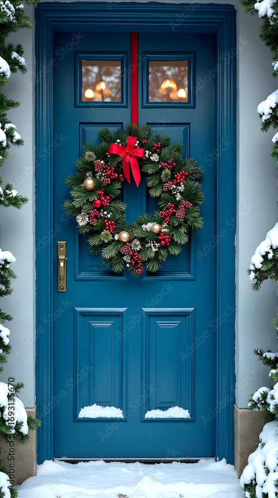 Fototapeta premium Blue wooden door with Christmas wreath in snowy winter scene