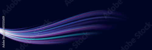 Blue light trail, wave speed, trace line twirl. Abstract light lines of movement and speed with white color glitters
