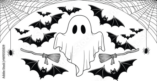 Halloween ghost vector illustration, bats, broomsticks, spider webs, black and white style, cad drawing flat vector illustration, spooky symmetrical design