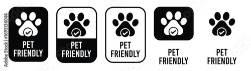 Pet Friendly icon set. Pet Friendly logo, label, sign, badge, symbol, banner, line, flat vector, isolated illustration. Pet Friendly label for product packaging design. Dogs and cats allowed sign.