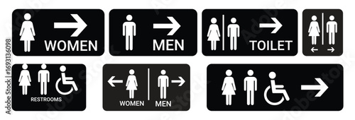 Toilet icons set. Men and women restroom icon sign right arrow. Disabled wheelchair icon. Vector Illustration