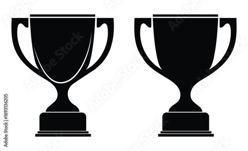 Two black silhouette trophy cups on white background representing victory and achievement in competition or award ceremonies