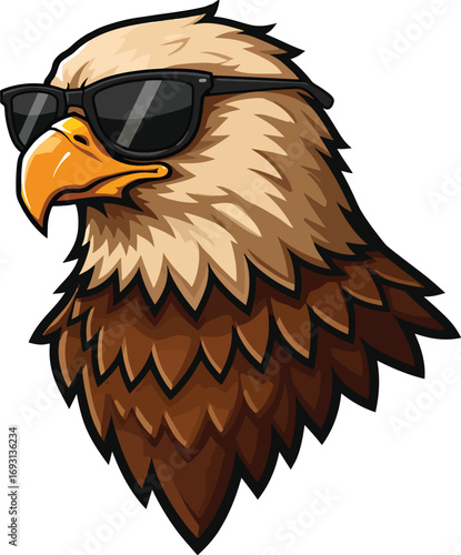 A cartoon eagle head with brown and beige feathers wearing black sunglasses on a white background