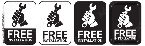 Free installation with hand and spanner icon set. Install, upgrade, fix, repair service icons. Free installation logo, label, badge, symbol, emblem, stamp, black, line, vector isolated illustration.