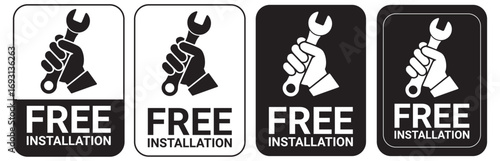 Free installation with hand and spanner icon set. Install, upgrade, fix, repair service icons. Free installation logo, label, badge, symbol, emblem, stamp, black, line, vector isolated illustration.