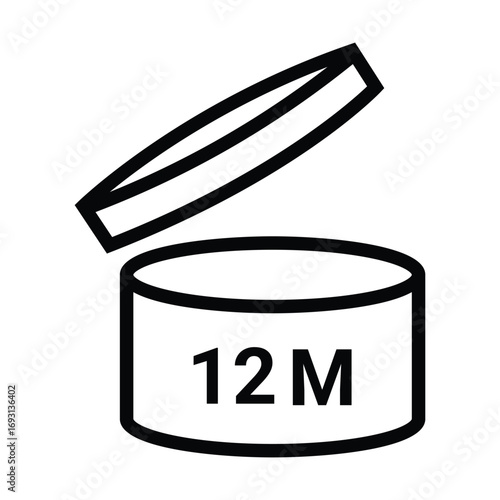 Period After Opening PAO label, symbol, icon logo. Cosmetic open period month 12M. Cream eu pack label for product packaging design