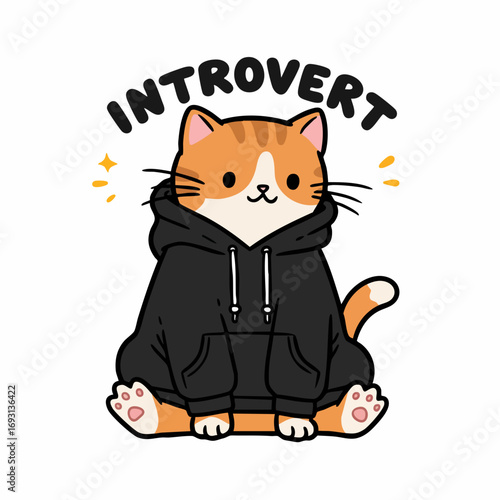 Cute Cartoon Style Introvert Cat Wearing Hoodie Illustration Art