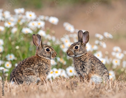 Two brown rabbits facing each other in a field of daisies