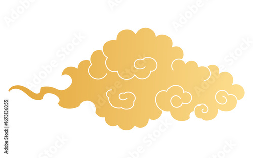 Traditional Asian cloud, cumulus cloud, flat paper cut, gold gradient, isolated on transparent. Hand drawn vector illustration. Buddhist thangka art. Chinese, Japanese, Korean design element, clip art