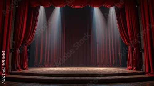 Empty stage with red curtains open. 4k video