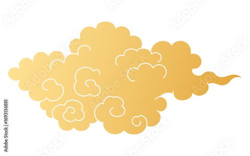 Traditional Asian cloud, cumulus cloud, flat paper cut, gold gradient, isolated on transparent. Hand drawn vector illustration. Buddhist thangka art. Chinese, Japanese, Korean design element, clip art