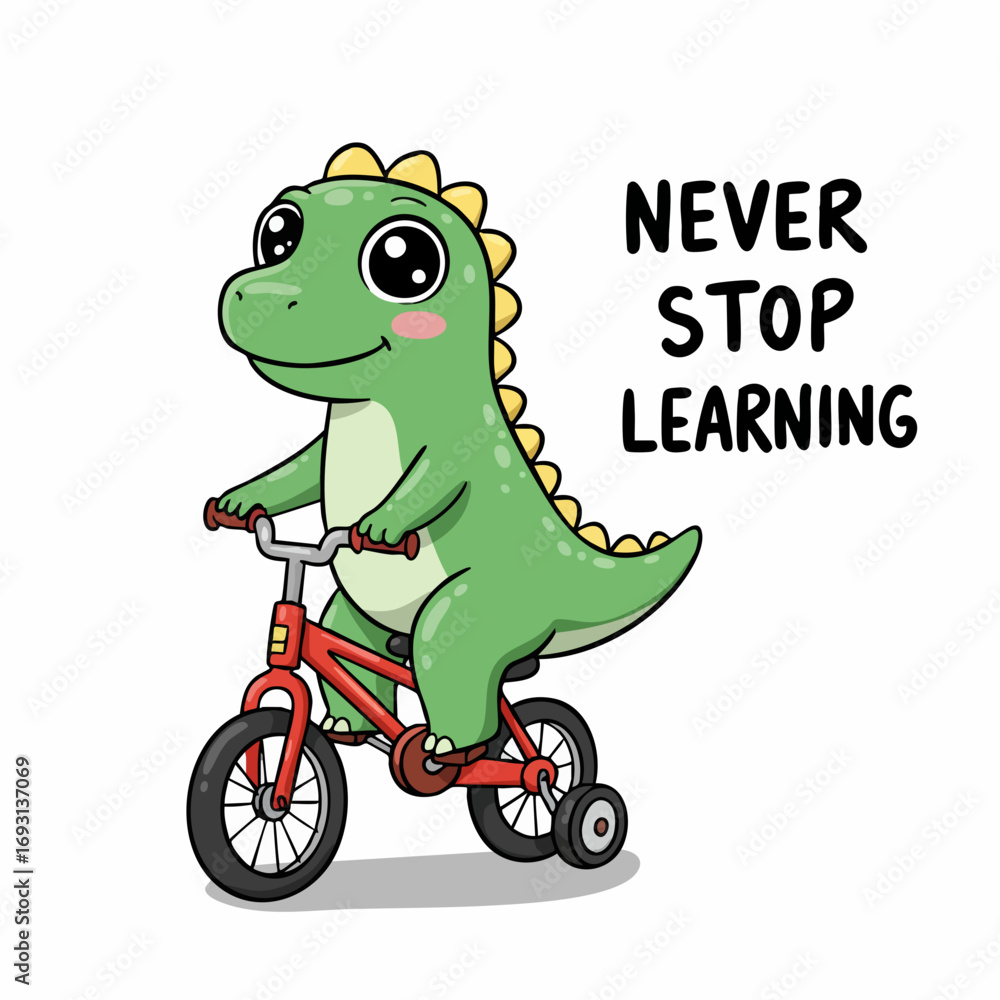 Naklejka premium Cute Cartoon Dinosaur Riding Bicycle with Motivational Never Stop Learning