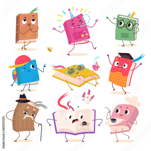 Cartoon book characters. Various books emotions, funny chef, graduated, student or pupil, happy birthday. Children mascots nowaday clipart