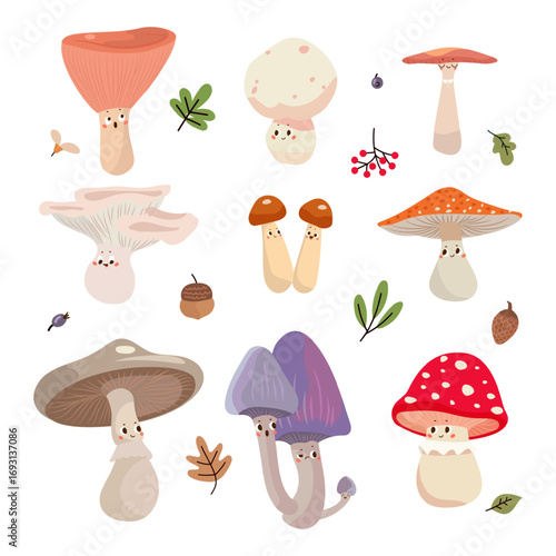 Mushroom characters. Cartoon funny mushrooms various emotions. Isolated forest plants for food or hallucinations. Seasonal autumn harvest, nowaday vector set