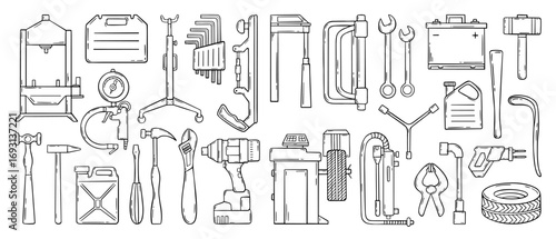 Doodle car service. Hand drawn auto service icons, mechanic equipment canisters tires drill battery sketch design. Repair neoteric vector set
