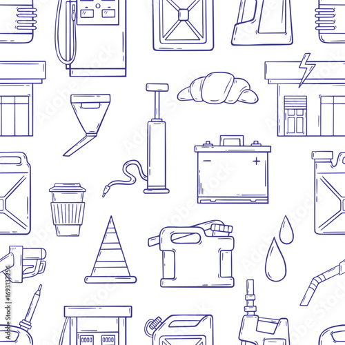 Gas station seamless pattern. Car service tools, filling station snacks and equipment. Hand drawn elements print for fabric, wallpaper, neoteric vector background