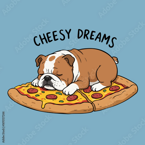 Cute Handdrawn Bulldog Sleeping on Pizza Cartoon Illustration Design