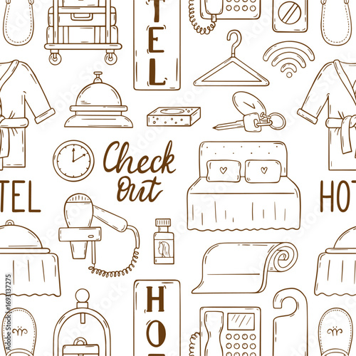 Hand drawn hotel pattern. Doodle motel interior elements, bed key hair dryer towel. Outline items print for fabric wallpaper wrapping, neoteric vector background