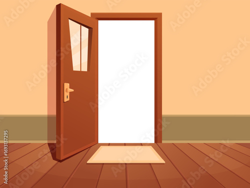 House entrance or exit. Open wooden door from hallway view. Looking from apartment, white space doorway. Cartoon interior, sapid vector scene