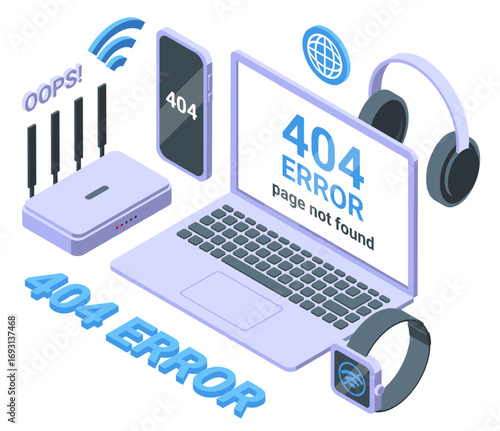 404 lost page. Wifi internet broken isometric concept. Technology network error, laptop smartphone smart watch dont working, nifty vector scene